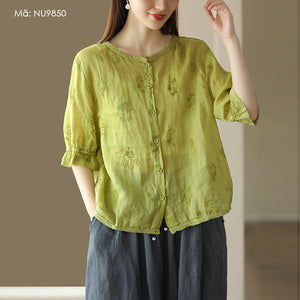 Áo sơ mi linen ngắn tay cổ tròn thêu hoa lá đồng màu - NU9850
