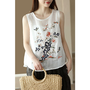 Áo T-shirt linen sát nách cổ tròn thêu tranh - NU8700