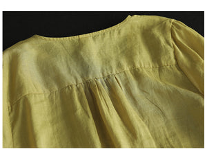 Áo sơ mi linen tay lửng cổ V thêu hoa văn retro - NU9770