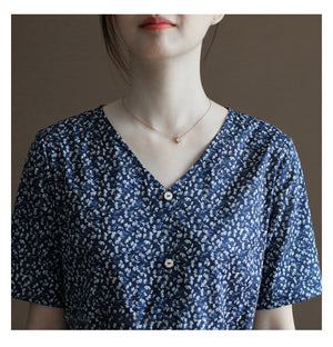 Đầm liền linen ngắn tay cổ V in hoa liti ba khuy - NU10024