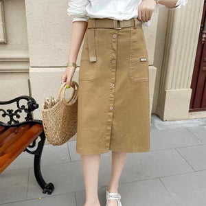 Chân váy retro bốn khuy cài kiểu xẻ trước kèm thắt lưng - V017