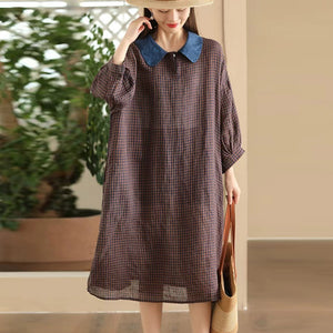 Đầm liền linen ngắn tay cổ cánh sen kẻ caro - NU10189