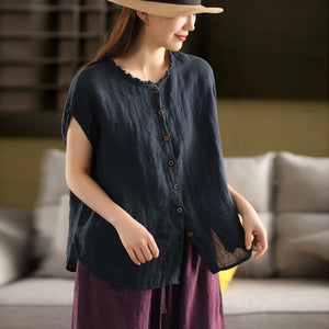 Áo sơ mi linen sát nách cổ tròn xếp ly - A812