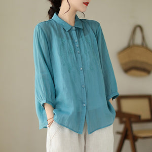 Áo sơ mi linen tay lửng cổ đức thêu hoa văn đối xứng - NU8866