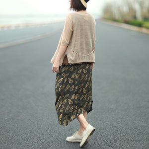 Chân váy linen retro lưng thun in những chiếc lá - NU9250