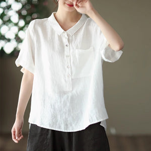 Áo sơ mi linen ngắn tay cổ đức khuy cài sát túi - NU5604