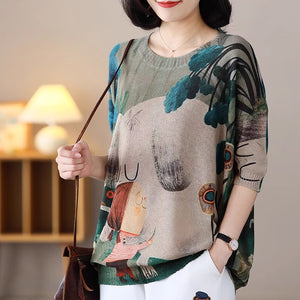 Áo T-shirt dệt kim ngắn tay cổ tròn in cô gái và chú cún - NU8910