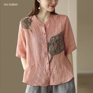 Áo sơ mi linen ngắn tay cổ tàu in hoa lá retro khuy tròn - NU8854