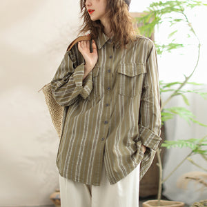 Áo sơ mi linen dài tay cổ đức kẻ sọc hai túi - NU9796