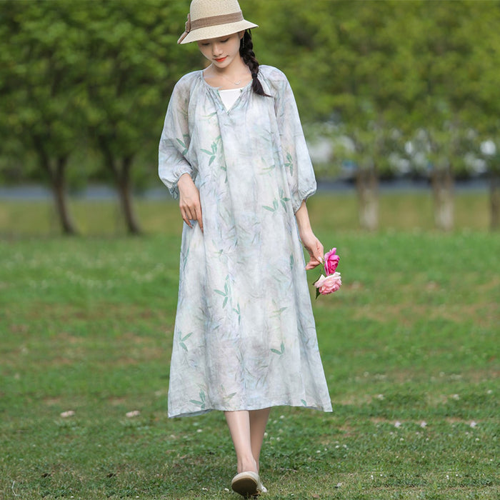 Đầm liền linen ngắn tay cổ V một khuy in hoa lá - NU7507