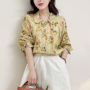 Áo sơ mi linen dài tay cổ cánh sen in hoa lá - A685