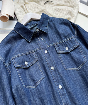 Bộ đồ denim gồm quần sooc và áo sơ mi ngắn tay cổ đức - NU8682