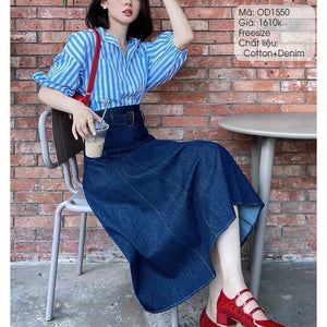 Bộ đồ gồm áo sơ mi tay lửng cổ đức và chân váy denim - OD1550