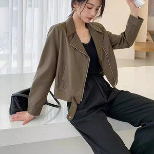 Áo khoác da dài tay cổ vest - A363