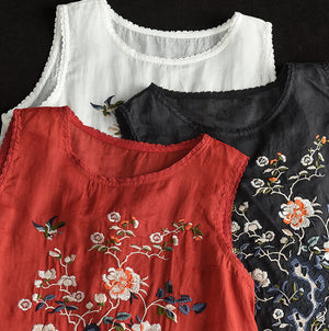 Áo T-shirt linen sát nách cổ tròn thêu tranh - NU8700