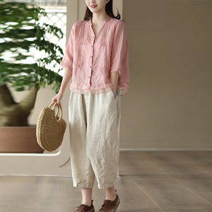 Áo sơ mi linen ngắn tay cổ V thêu hoa lá vạt kiểu xếp ren - NU8692