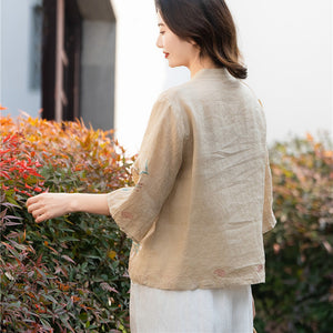 Áo sơ mi linen ngắn tay khuy tròn cài lệch thêu hoa lá - NU10055