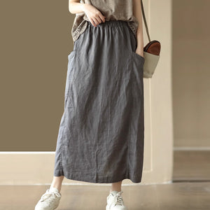 Chân váy linen retro hai túi đính khuy lưng thun - NU9000