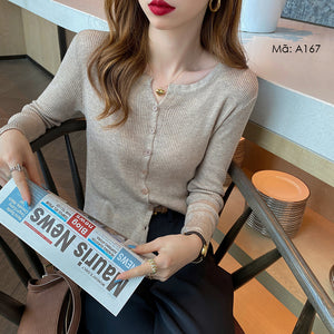 Áo khoác len tăm cardigan dài tay cổ tròn xẻ V - A164