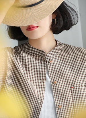 Áo sơ mi linen dài tay cổ đứng kẻ sọc caro - NU9837