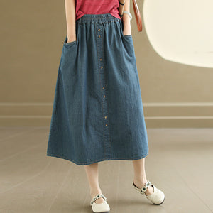 Chân váy denim lưng thun đính khuy đôi túi sau - NU10270