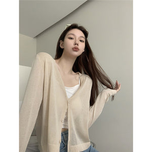 Áo khoác cardigan len dệt kim dài tay cổ V bốn khuy - NU9114