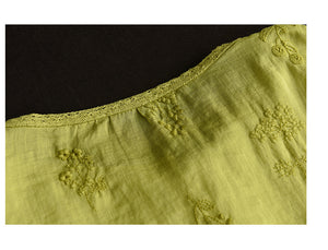 Áo sơ mi linen ngắn tay cổ tròn thêu hoa lá đồng màu - NU9850