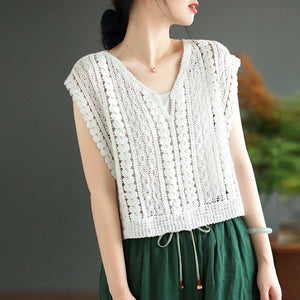 Áo T-shirt dệt kim retro sát nách cổ V - NU9055