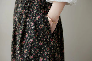 Chân váy linen retro lưng thun túi chéo in hoa liti - V012