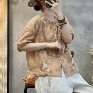 Áo sơ mi linen ngắn cổ tròn xếp ly thêu hoa lá - NU9773