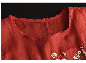 Áo T-shirt linen sát nách cổ tròn thêu tranh - NU8700