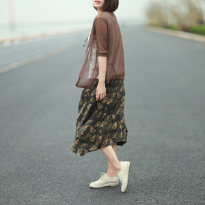 Chân váy linen retro lưng thun in những chiếc lá - NU9250