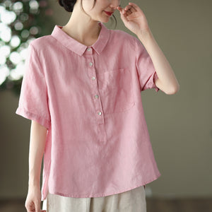 Áo sơ mi linen ngắn tay cổ đức khuy cài sát túi - NU5604