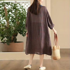 Đầm liền linen ngắn tay cổ cánh sen kẻ caro - NU10189