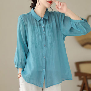 Áo sơ mi linen tay lửng cổ đức thêu hoa văn đối xứng - NU8866