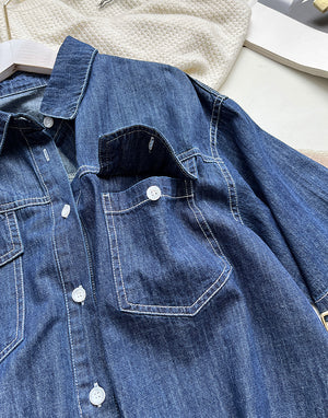 Bộ đồ denim gồm quần sooc và áo sơ mi ngắn tay cổ đức - NU8682