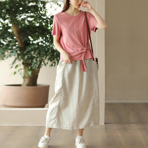 Chân váy linen retro hai túi đính khuy lưng thun - NU9000