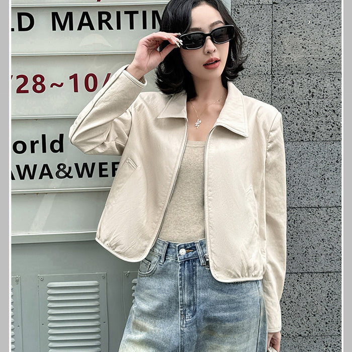 Áo khoác da dài tay cổ đức hai túi chéo vạt bo tròn - A502