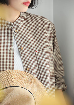 Áo sơ mi linen dài tay cổ đứng kẻ sọc caro - NU9837