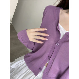 Áo khoác cardigan len dệt kim dài tay cổ V bốn khuy - NU9114