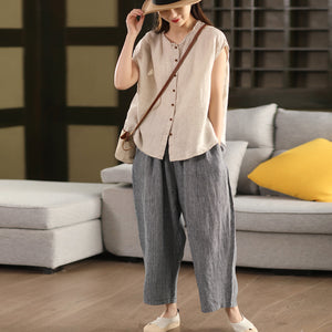 Áo sơ mi linen sát nách cổ tròn xếp ly - A812