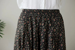 Chân váy linen retro lưng thun túi chéo in hoa liti - V012