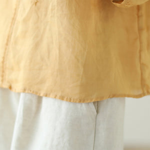 Áo T-shirt linen ngắn tay cổ tròn đính ren thêu hoa lá - NU9997
