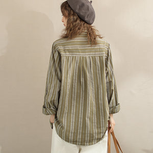 Áo sơ mi linen dài tay cổ đức kẻ sọc hai túi - NU9796