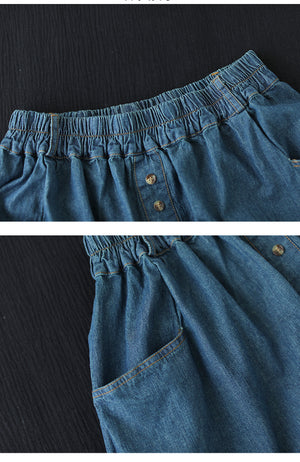 Chân váy denim lưng thun đính khuy đôi túi sau - NU10270