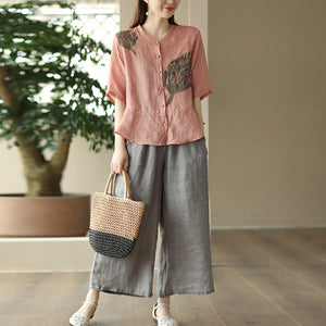 Áo sơ mi linen ngắn tay cổ tàu in hoa lá retro khuy tròn - NU8854