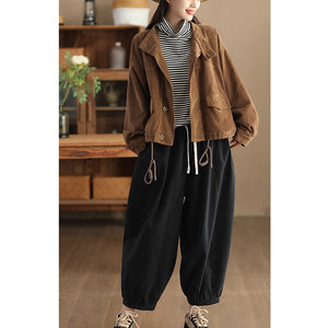 Áo khoác nhung retro dài tay cổ đứng dây rút - NU9557