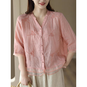 Áo sơ mi linen ngắn tay cổ V thêu hoa lá vạt kiểu xếp ren - NU8692