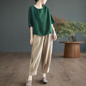 Áo T-shirt linen ngắn tay cổ tròn đính khuy túi kiểu - NU9896