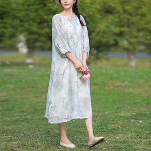 Đầm liền linen ngắn tay cổ V một khuy in hoa lá - NU7507